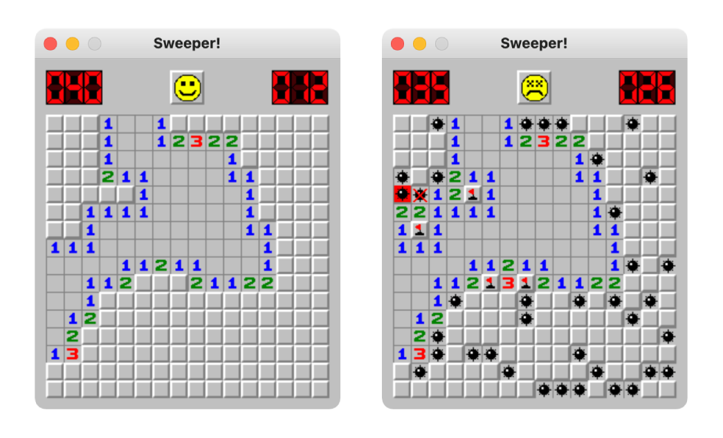 Two screenshots from the Minesweeper clone.